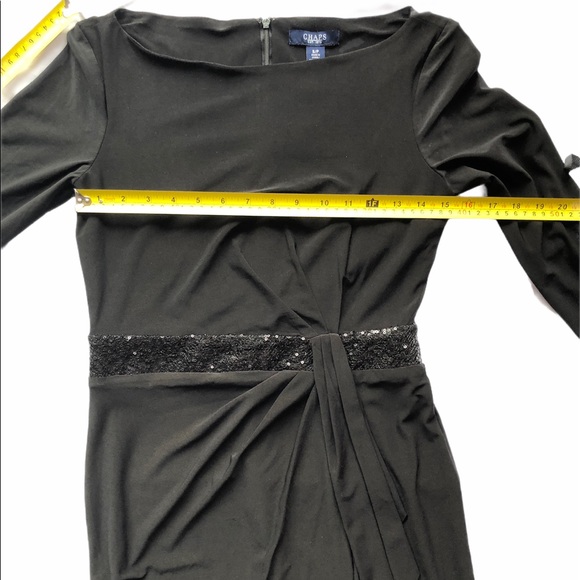 Chaps Little Black Form Fitting Dress With Sequin Belt Drapey Detail Size Small - Picture 10 of 16